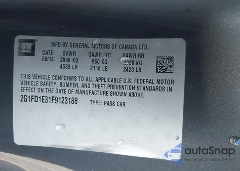 2015 Chevrolet Camaro 1Lt from USA, damaged, VIN 2G1FD1E31F9123188